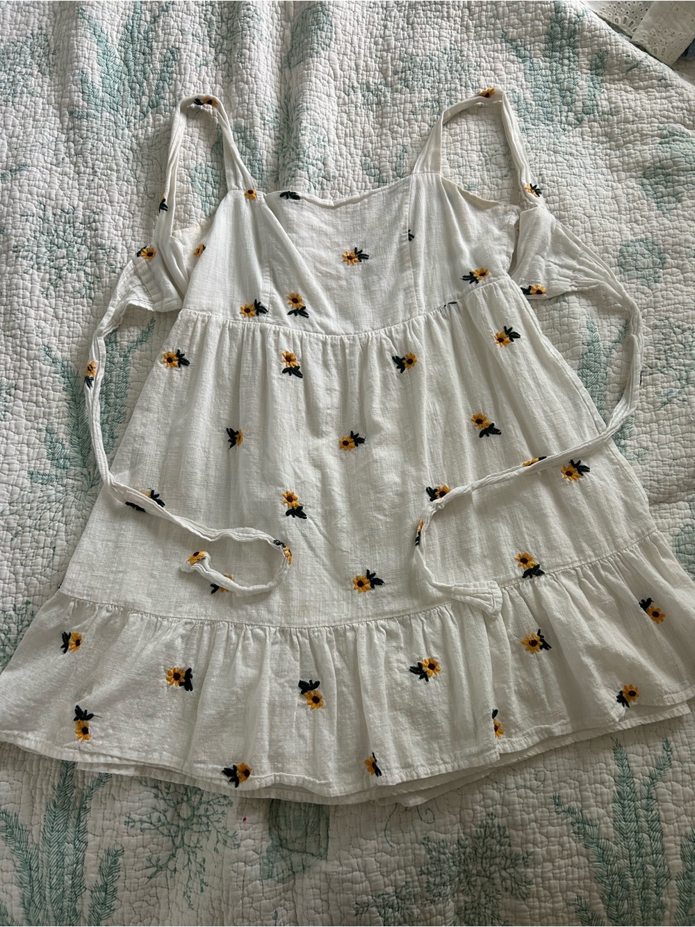 Rewind White Mini Dress with Yellow & Black Sunflower Embroidery